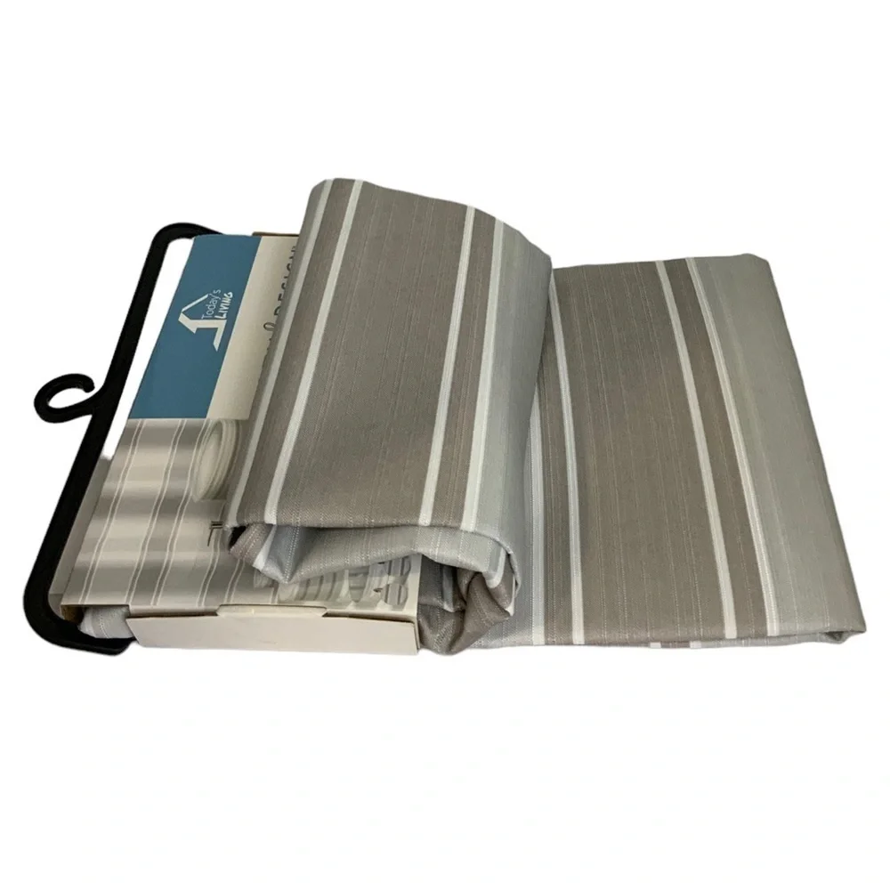 Striped Fabric Shower Curtain Ceramic Accessories 3 Pieces White Grey Tan Khaki